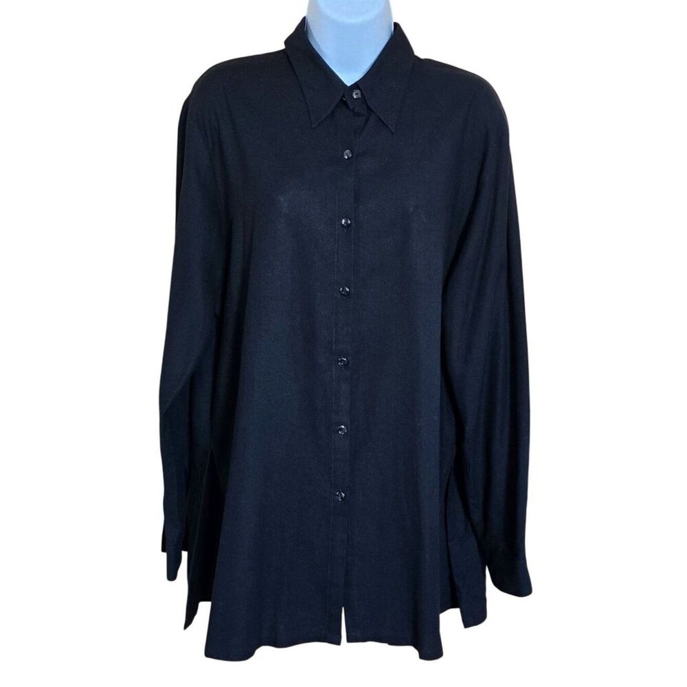 Black 100% Silk Button-Up Shirt Long Sleeve Relaxed Fit elegant old money glam